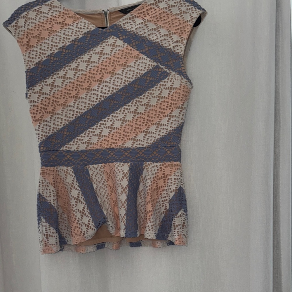 Elegant Lace Peplum Blouse - Coral and Navy